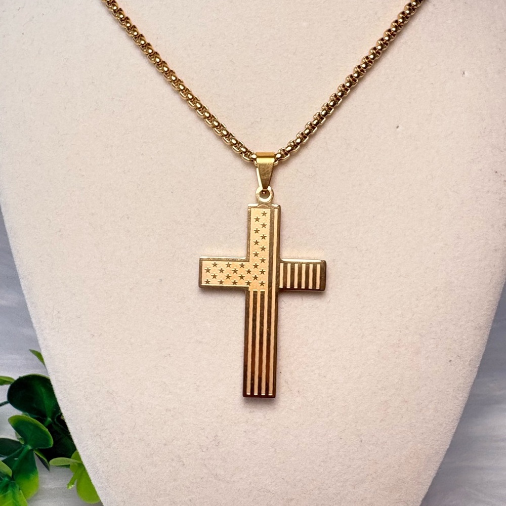 Gold Cross With American Flag Necklace - Picture 2 of 10